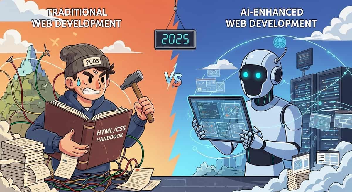Background image for "Traditional vs AI-Enhanced Web Development: 2025 Battle"