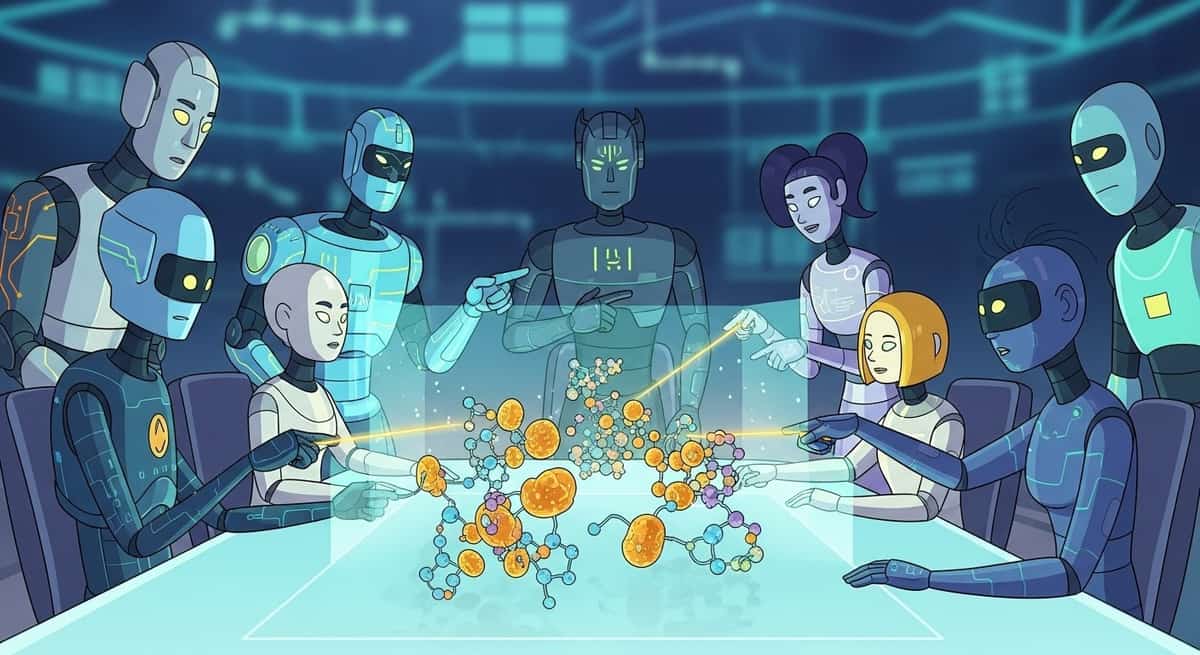 AI agents collaborating in virtual meetings to design nanobodies