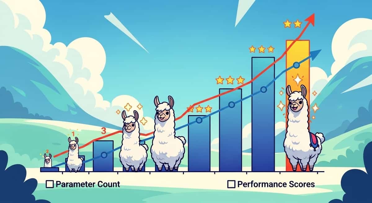 Bar chart comparing parameter count vs performance scores for Llama models