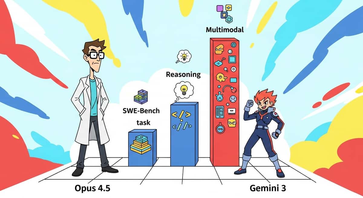 Benchmark comparison chart showing Opus 4.5 vs Gemini 3 on SWE-Bench, reasoning, and multimodal tasks