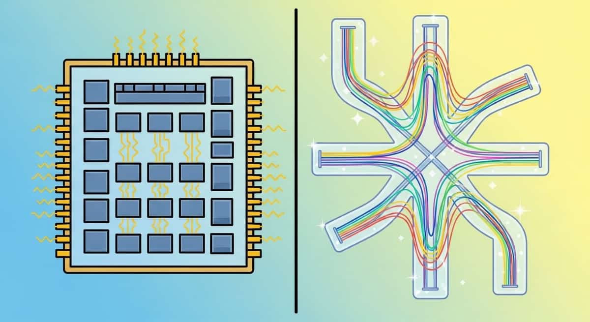 Side-by-side comparison of silicon chip architecture and photonic computing components