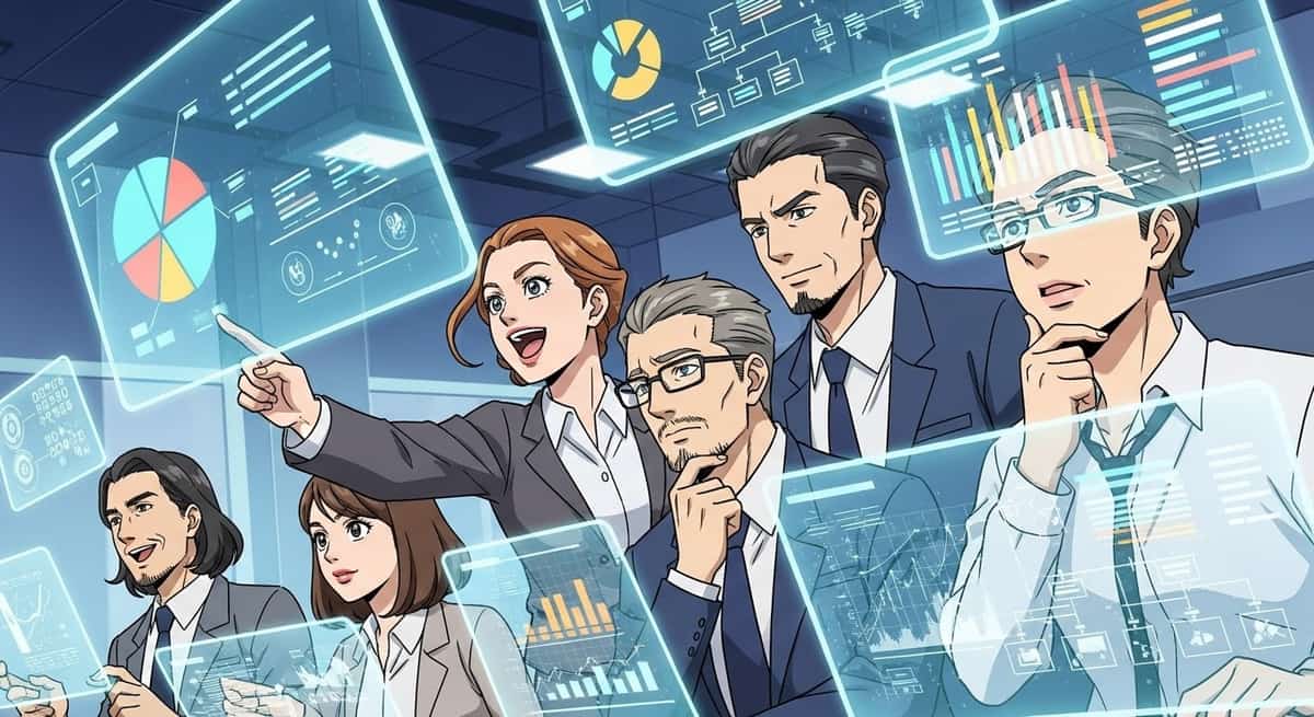 Tech executives analyzing merger strategy on digital screens