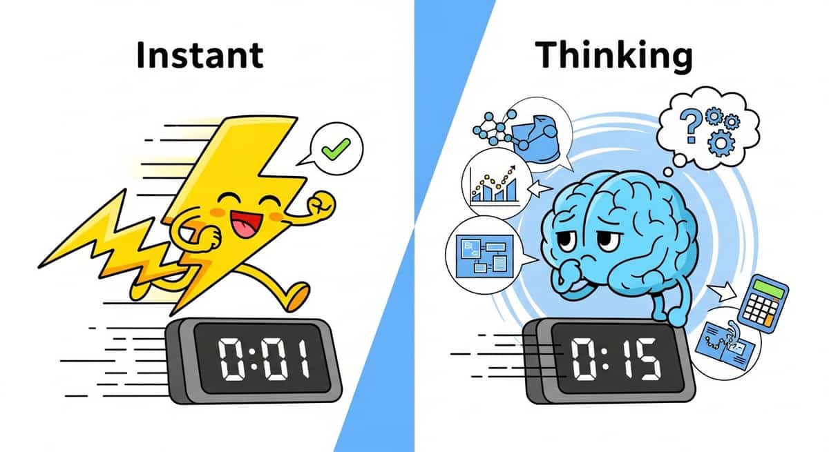 Latency comparison: Instant mode sub-2 seconds, Thinking mode variable 3-30 seconds depending on task complexity