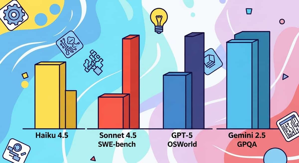 Bar chart comparing Haiku 4.5, Sonnet 4.5, GPT-5, and Gemini 2.5 across SWE-bench, OSWorld, and GPQA benchmarks