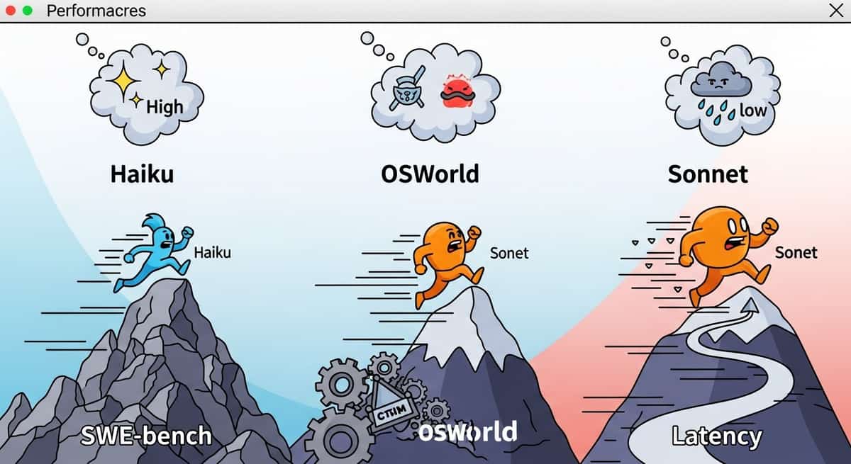 Performance comparison chart showing Haiku and Sonnet scores across SWE-bench, OSWorld, and latency metrics