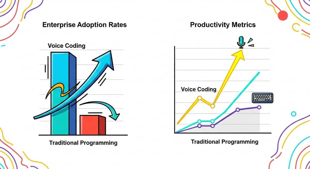 Charts showing enterprise adoption rates and productivity metrics for voice coding versus traditional programming
