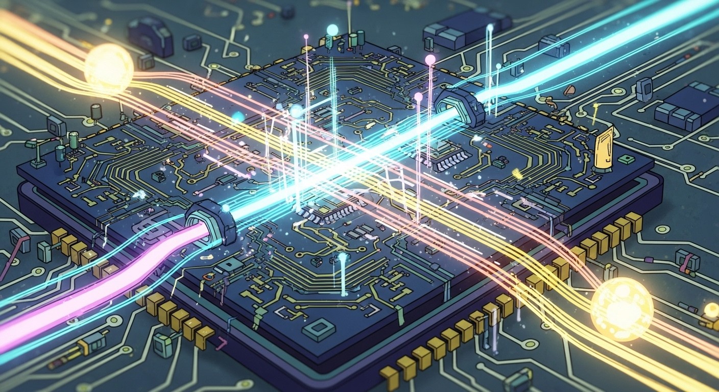 Microscopic view of 6G chip showing photonic and electronic components