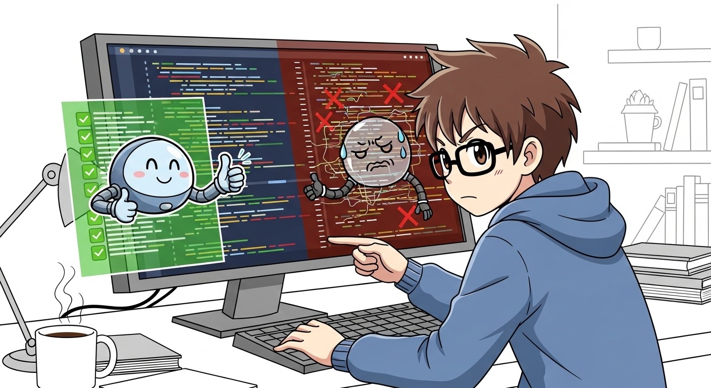 Developer working with AI coding assistant showing mixed results