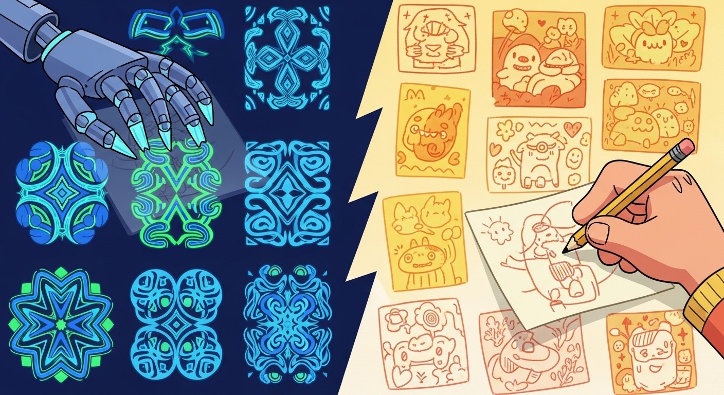 Split screen showing AI-generated designs versus human-created designs