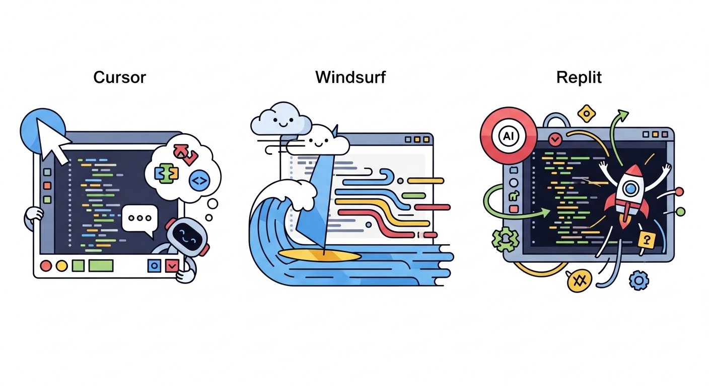 Side-by-side comparison of Cursor, Windsurf, and Replit interfaces showing AI assistance features
