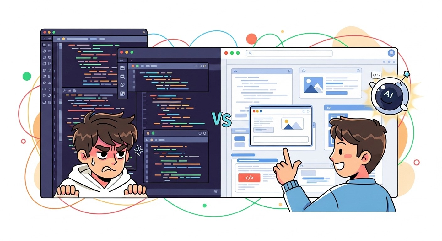 Side-by-side comparison of traditional code editor and AI-enhanced web development interface
