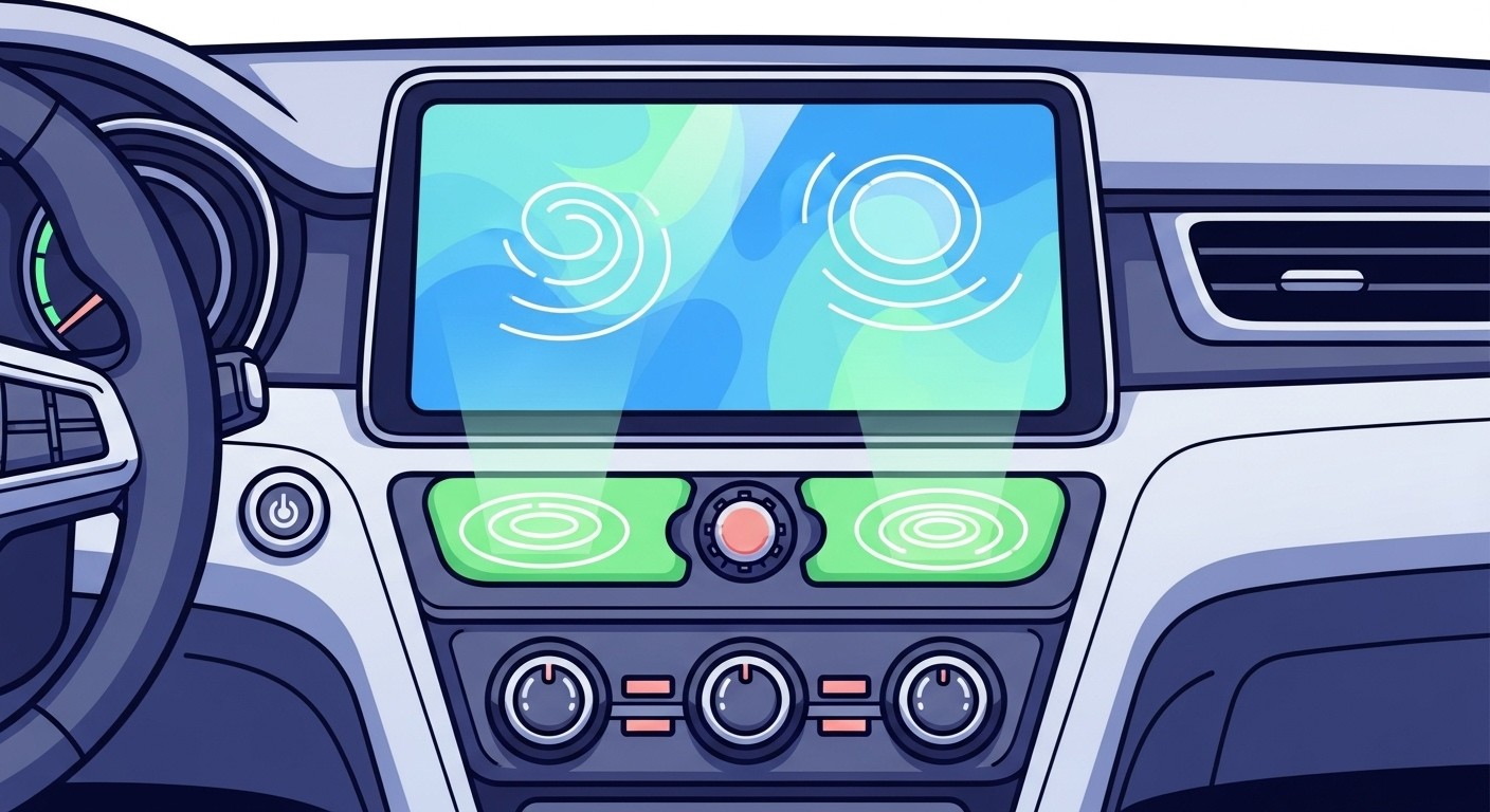 Modern car dashboard with haptic touchscreen interface showing tactile feedback zones