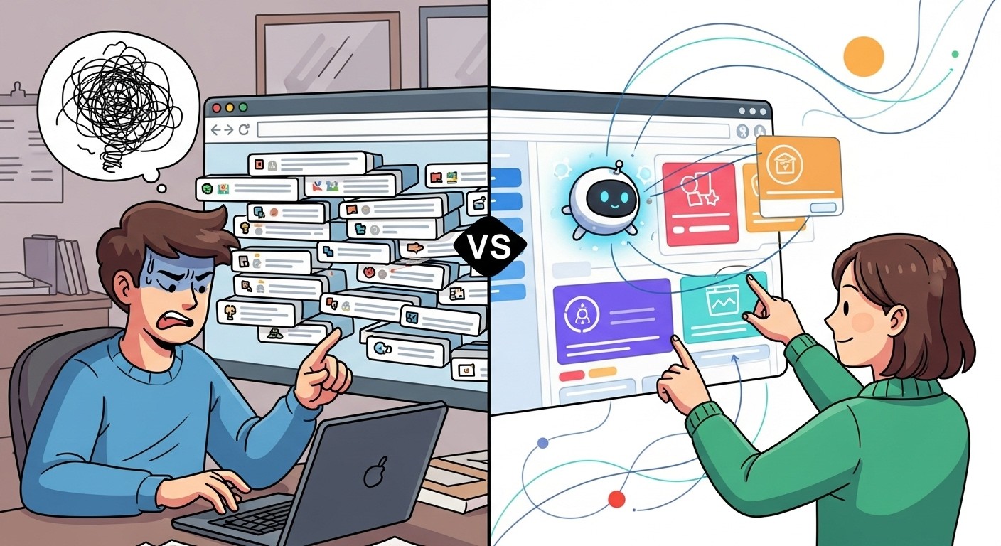 Comparison showing traditional browser tabs versus AI-integrated browser workflow