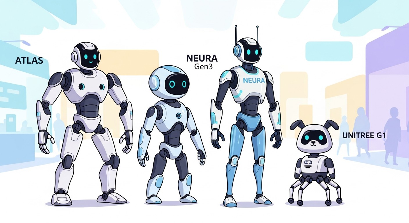 CES 2026 humanoid robots: Atlas, CLOiD, NEURA Gen3, and Unitree G1 side by side