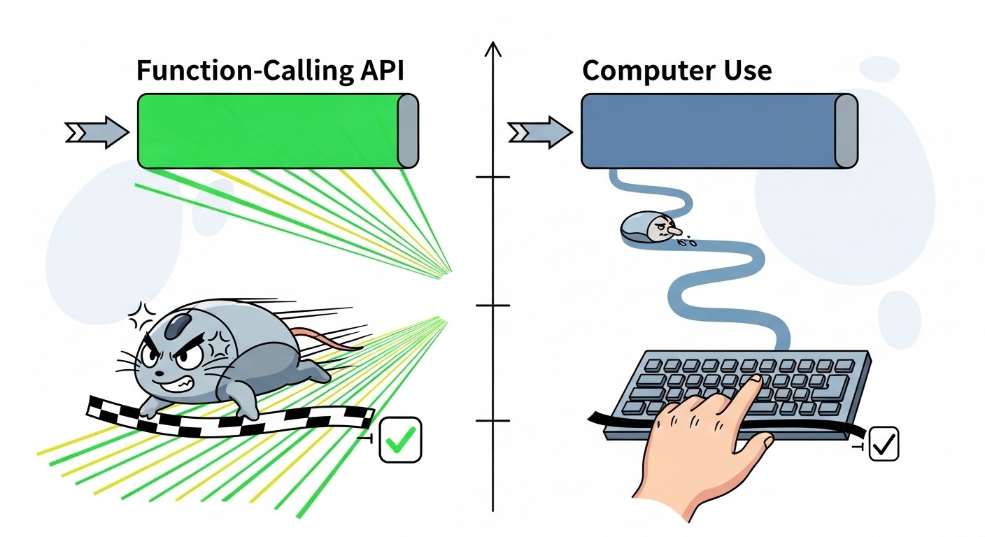 Latency comparison chart showing function-calling API at 0.3s vs computer use at 2.1s per cycle