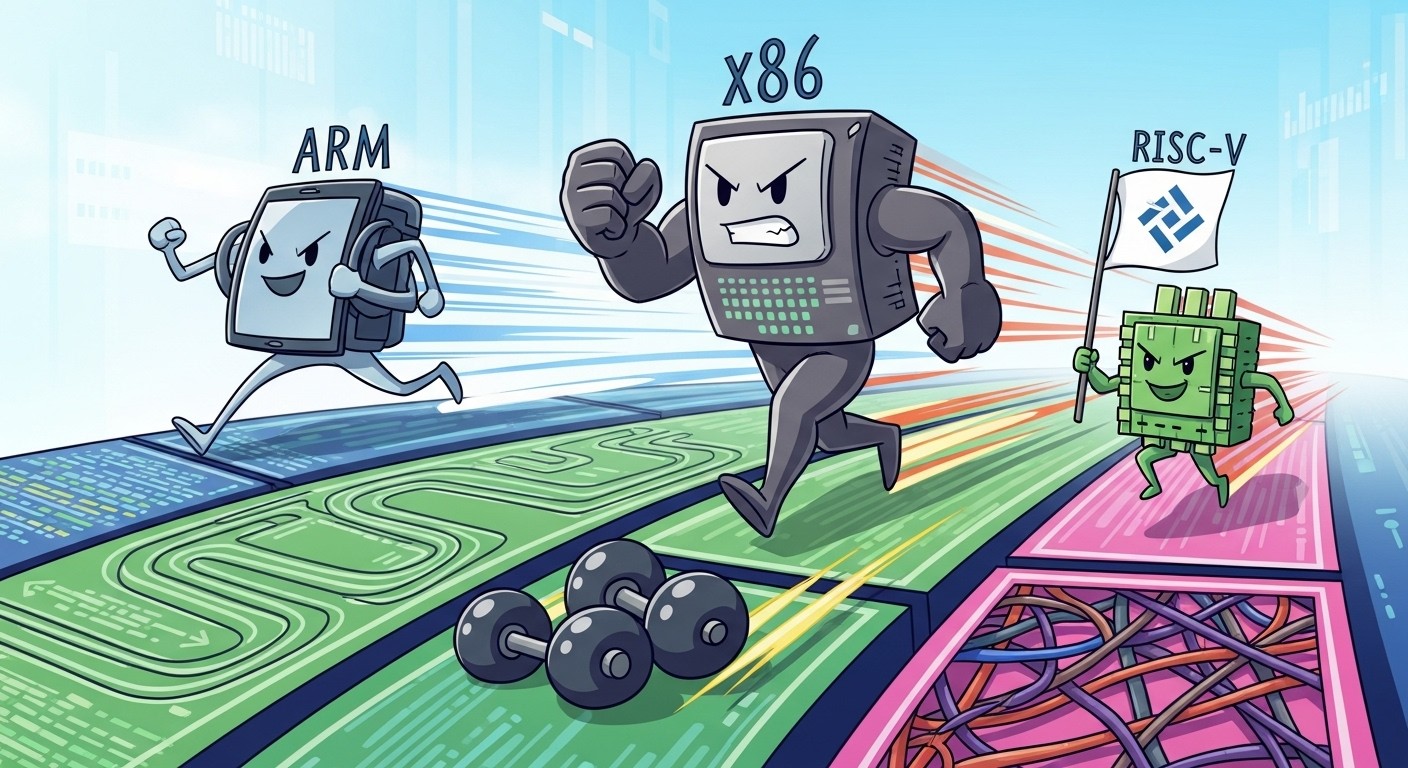Performance benchmarks comparing ARM, x86, and RISC-V processors across different workloads