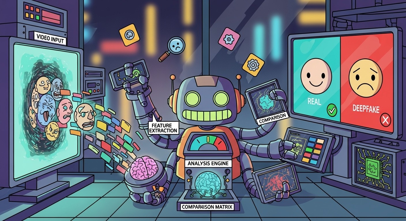 Deepfake detection workflow showing input processing, analysis, and results