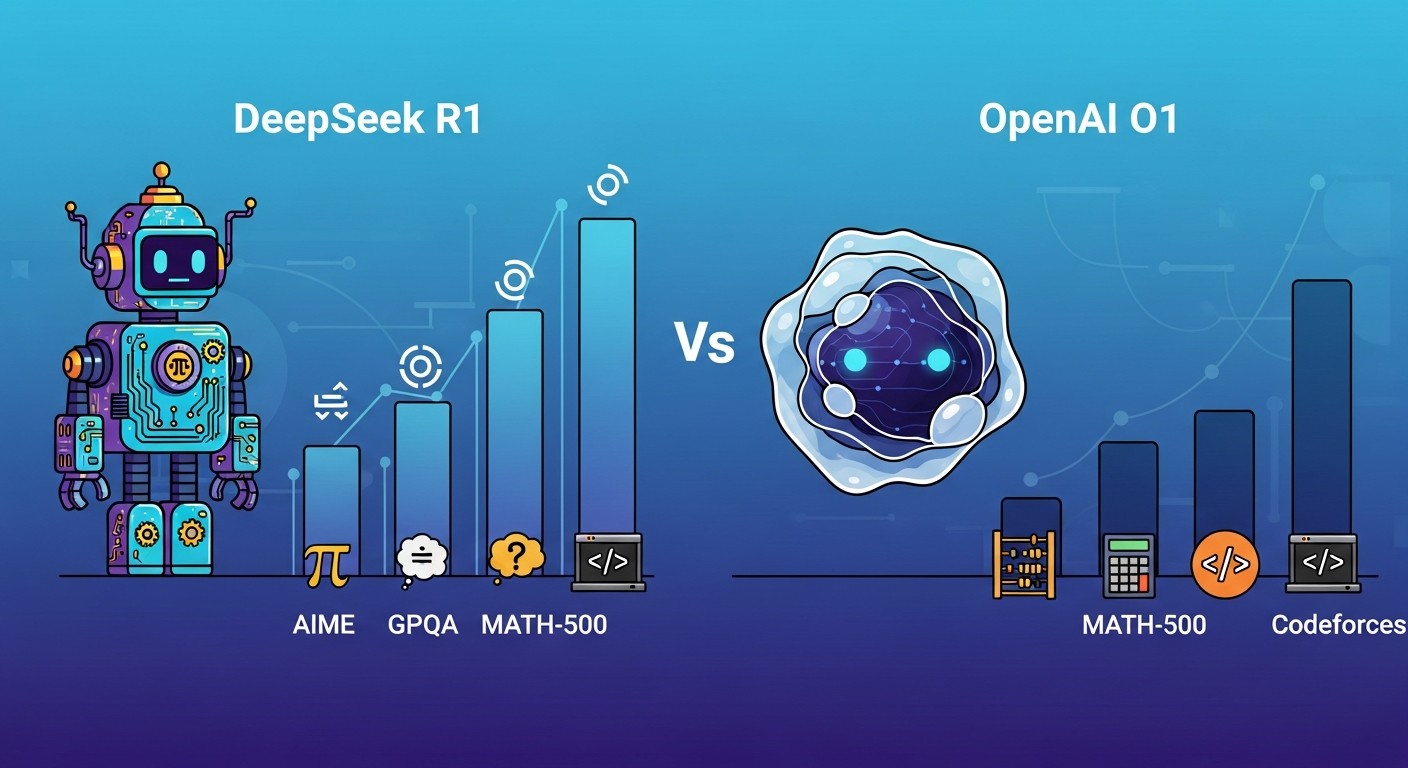 Side-by-side benchmark comparison showing DeepSeek R1 and OpenAI o1 scores on AIME, GPQA, MATH-500, and Codeforces