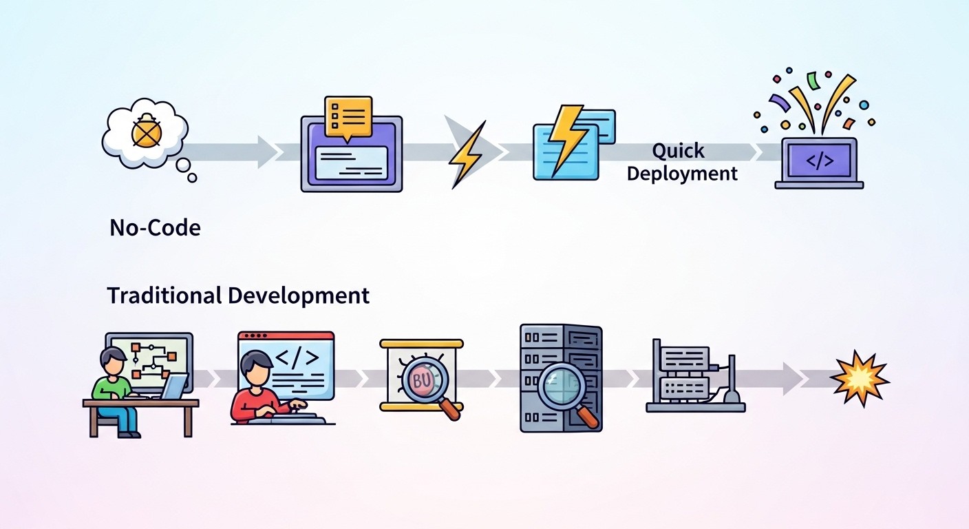 Timeline comparison chart showing no-code vs traditional development phases