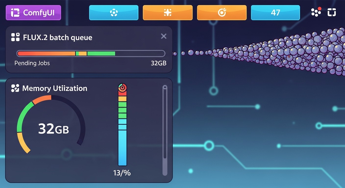 ComfyUI dashboard showing FLUX.2 batch queue with 47 pending jobs and memory utilization at 32GB