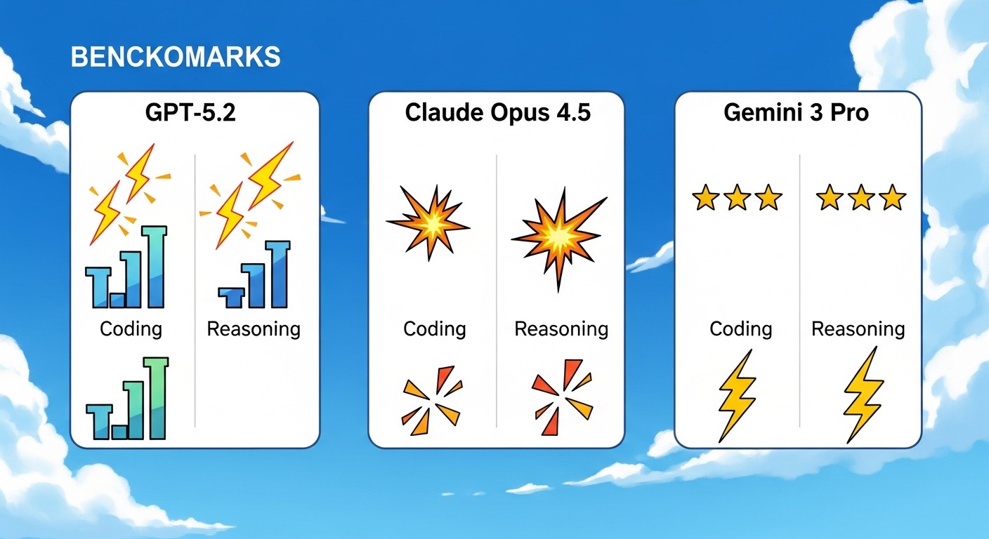 Benchmark comparison chart for GPT-5.2, Claude Opus 4.5, and Gemini 3 Pro across coding and reasoning tasks