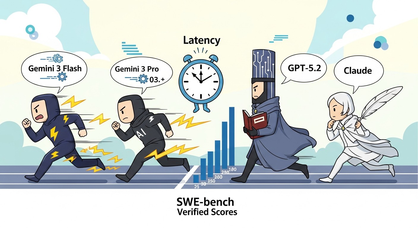 SWE-bench Verified scores and latency comparison across Gemini 3 Flash, Pro, GPT-5.2, and Claude