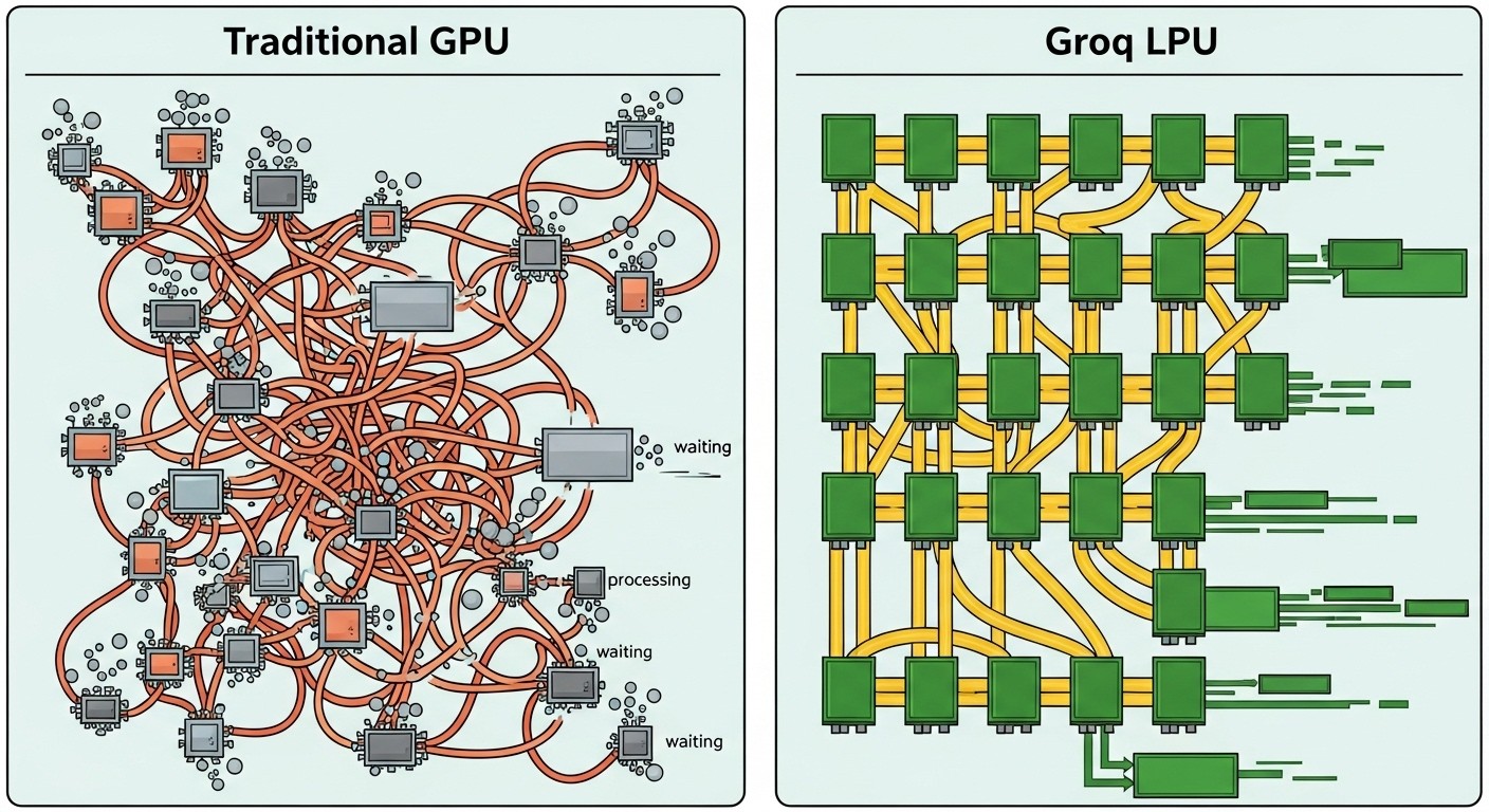 Comparison diagram showing traditional GPU vs Groq LPU architecture for AI inference