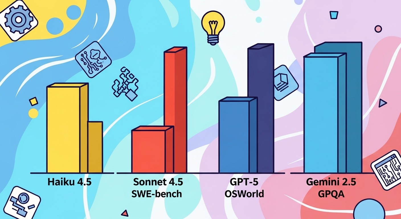 Bar chart comparing Haiku 4.5, Sonnet 4.5, GPT-5, and Gemini 2.5 across SWE-bench, OSWorld, and GPQA benchmarks