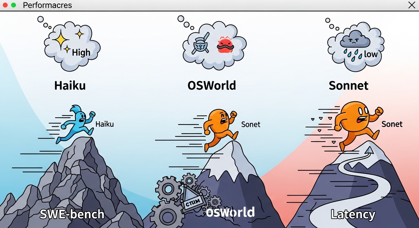 Performance comparison chart showing Haiku and Sonnet scores across SWE-bench, OSWorld, and latency metrics