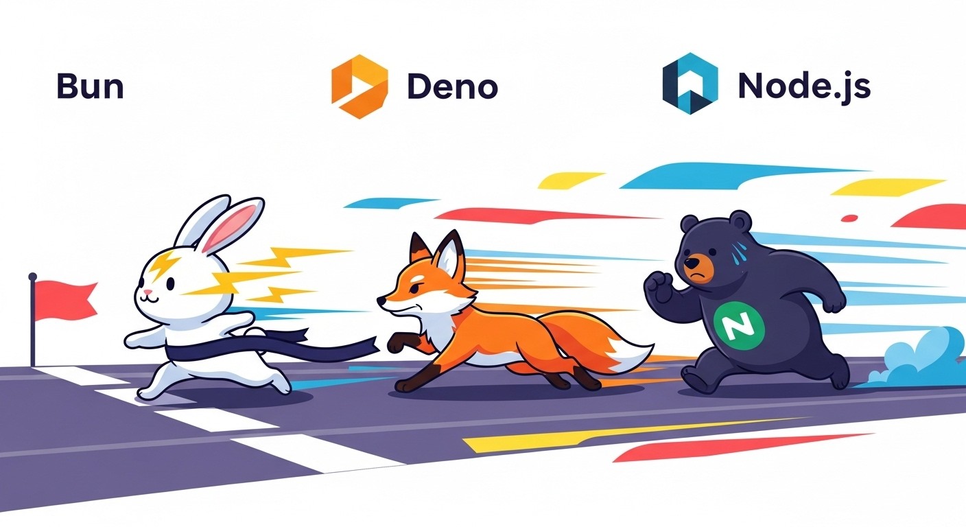 Performance comparison chart showing Bun, Deno, and Node.js benchmarks. Bun is first, Deno second, Node.js third.