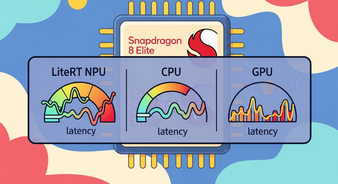 Latency comparison dashboard showing LiteRT NPU vs CPU vs GPU on Snapdragon 8 Elite