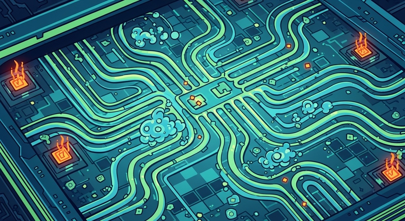 Microscopic view of AI-designed cooling channels etched into silicon chip