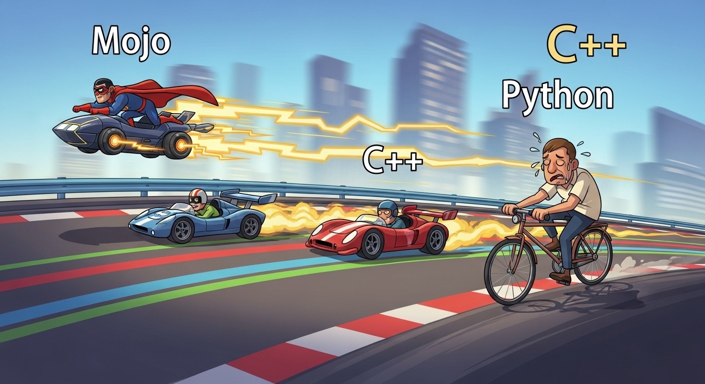 Performance comparison chart showing Mojo vs Python vs C++ execution times