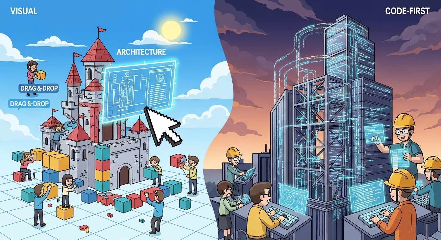 Architecture comparison showing visual vs code-first framework approaches