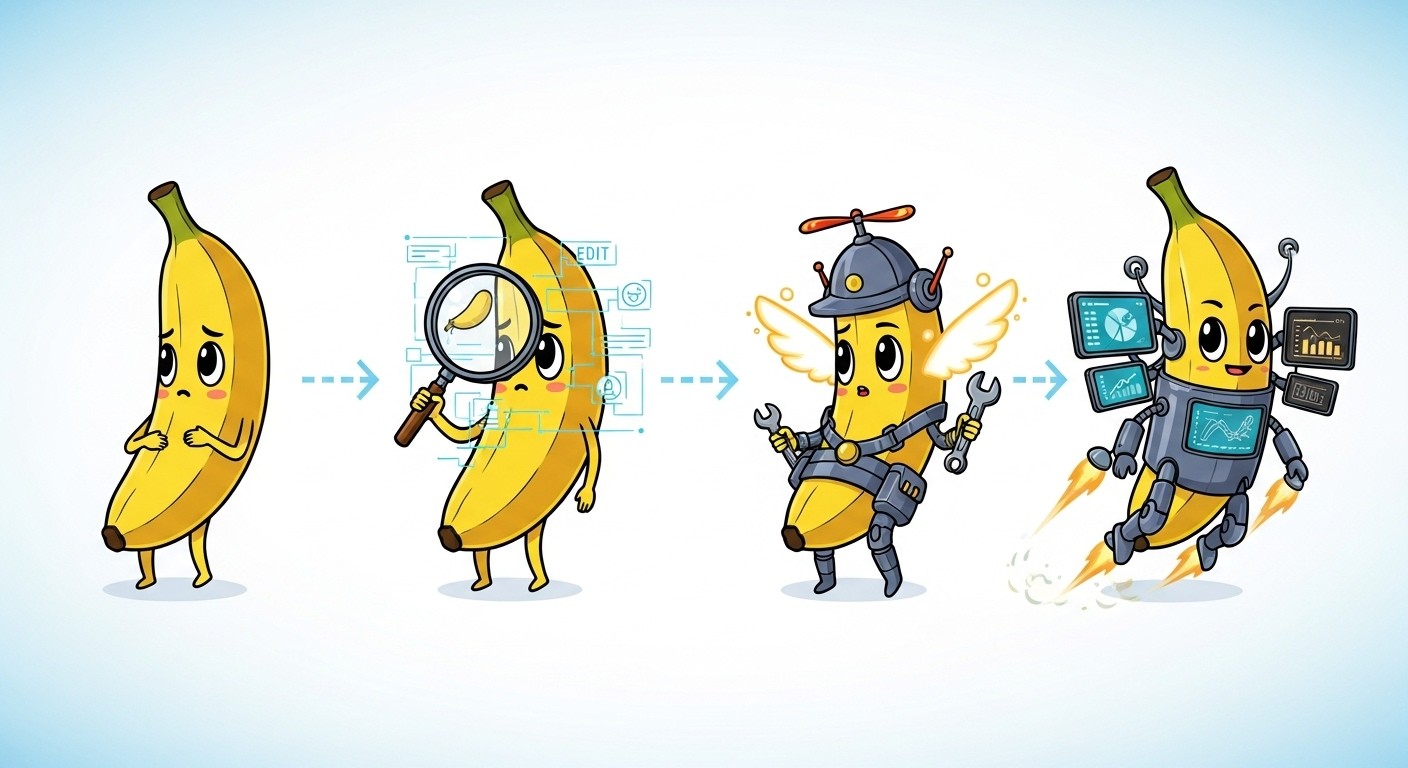 Nano Banana AI editing workflow demonstration showing consistent character transformation