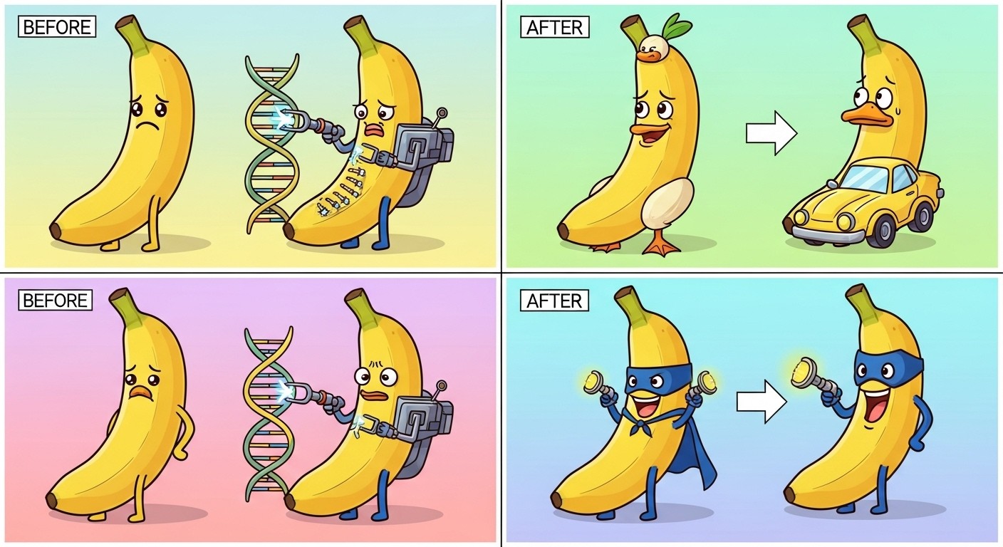 Various Nano-Banana editing examples showing before and after transformations
