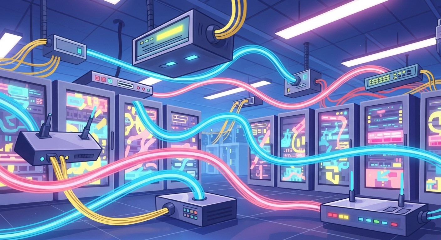 Modern data center with networking equipment and fiber optic cables