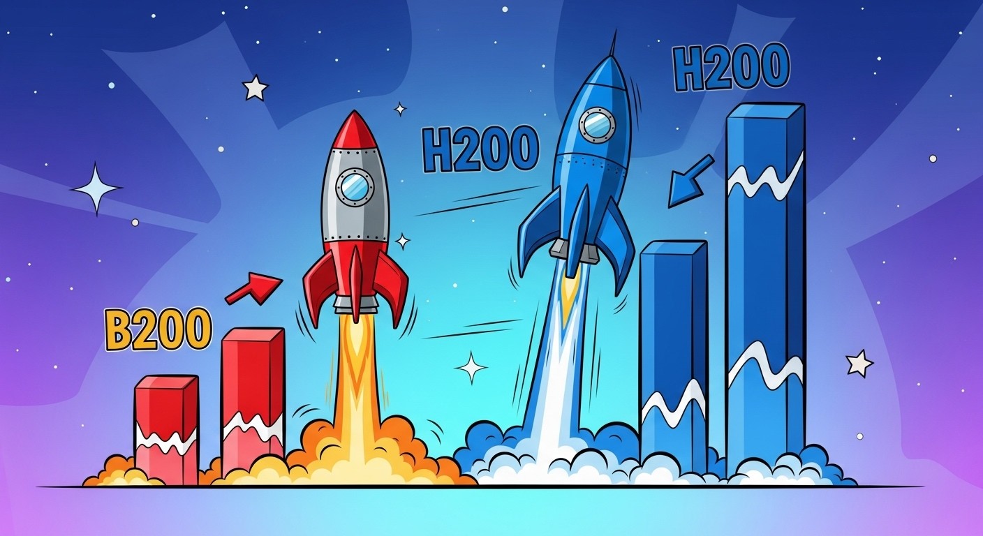 Performance comparison chart showing B200 vs H200 benchmarks