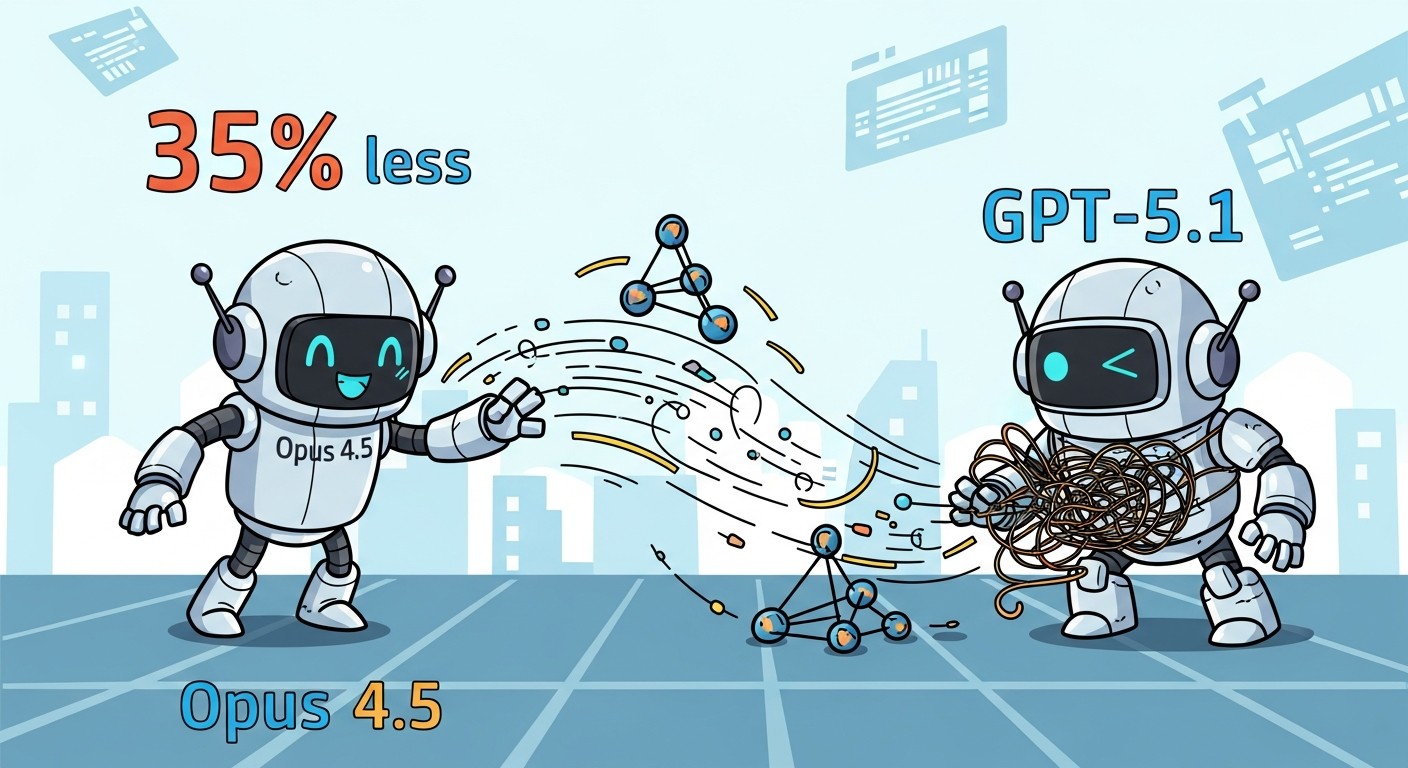Token efficiency comparison showing Opus 4.5 using 35% fewer output tokens than GPT-5.1 on real coding tasks