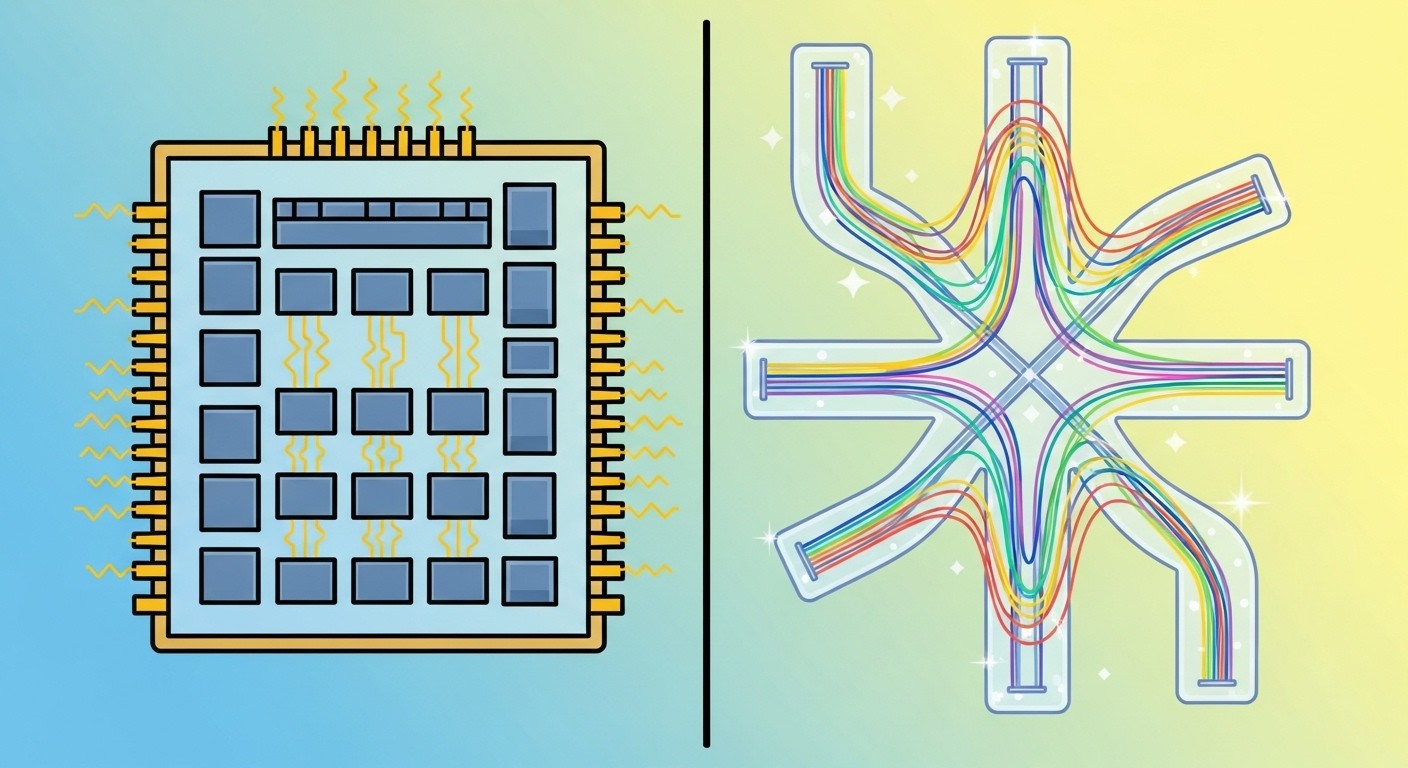 Side-by-side comparison of silicon chip architecture and photonic computing components