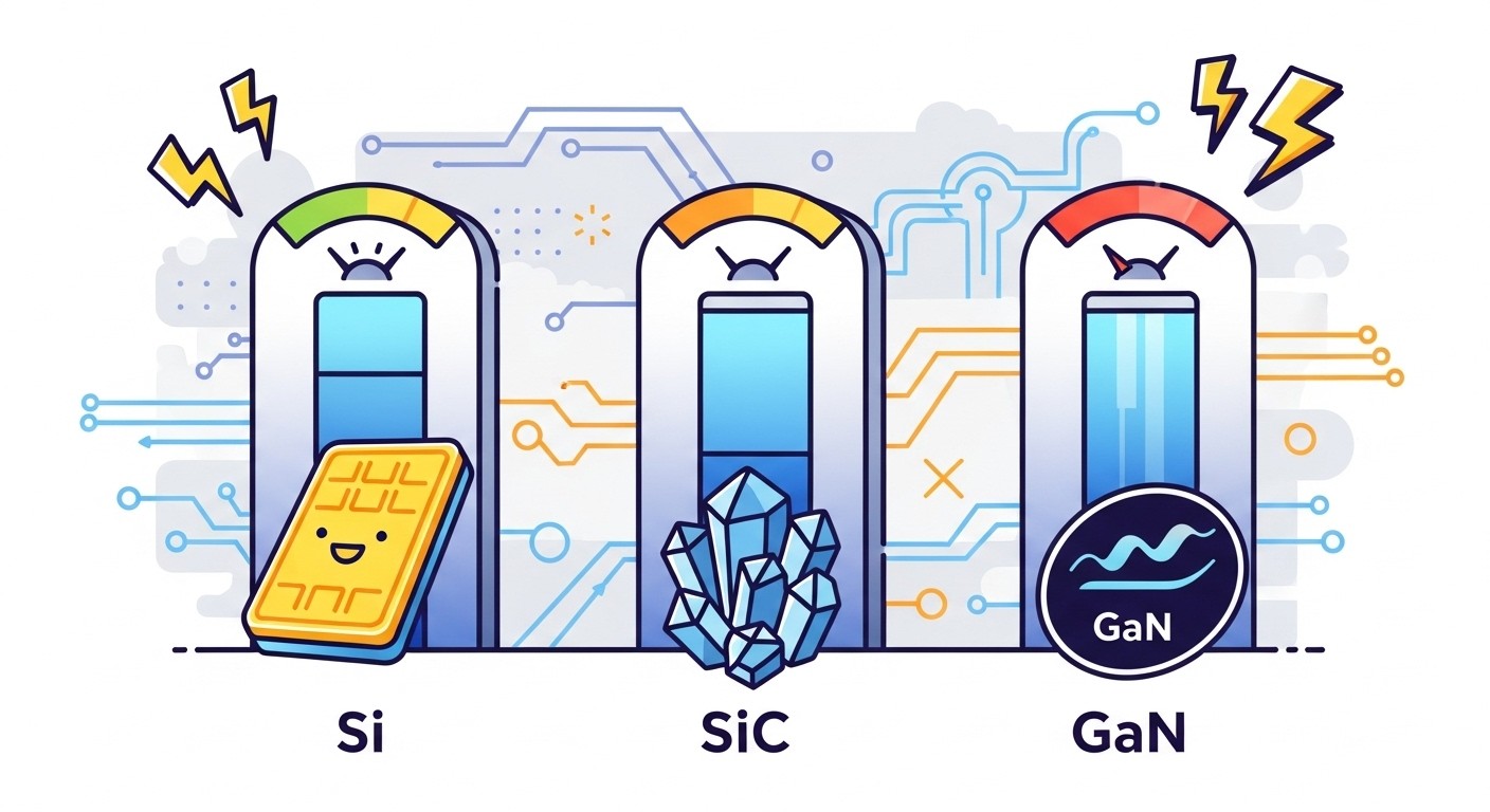 Chart comparing efficiency ratings of silicon, SiC, and GaN power semiconductors