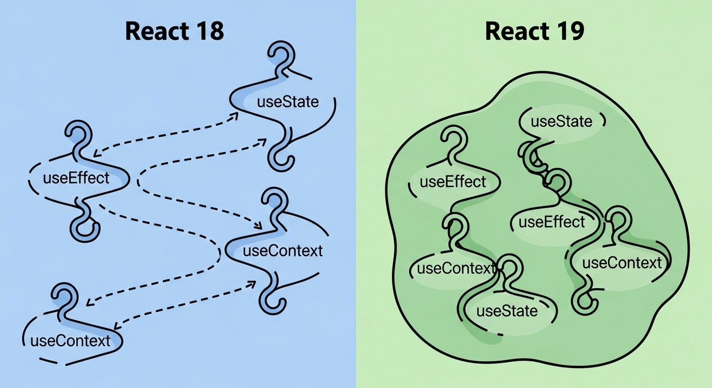Visual comparison of React 18 vs React 19 hook patterns