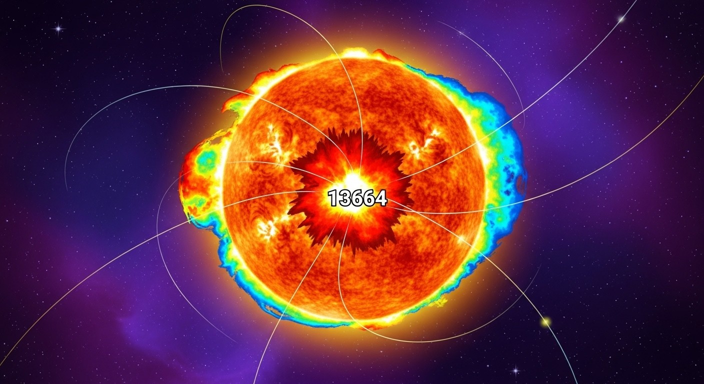 Surya AI solar flare prediction heatmap showing active region 13664