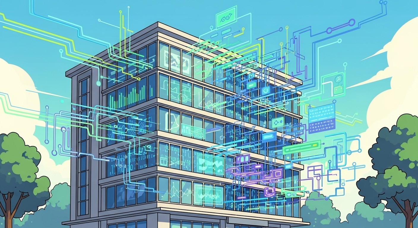 TCS office building with AI transformation graphics overlay