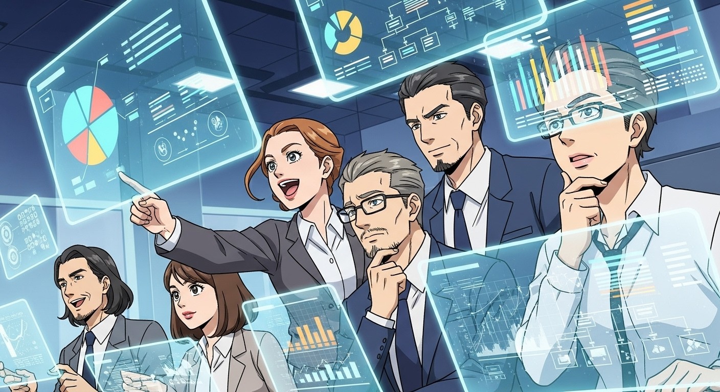 Tech executives analyzing merger strategy on digital screens