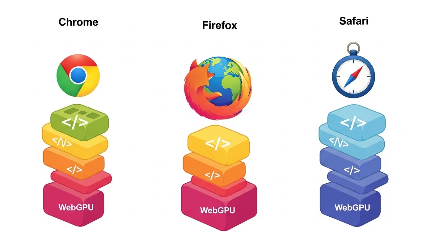 Diagram showing WebGPU implementation architecture across Chrome, Firefox, and Safari browsers
